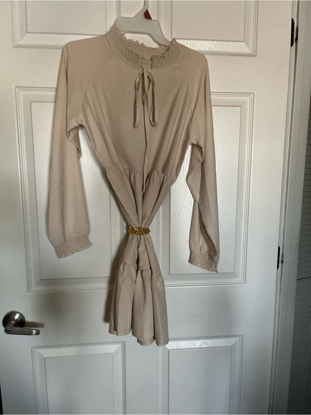 Long Sleeve Smocked Neck Midi Dress in Cream